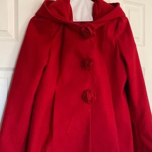 Girls red pea coat w hood. Great for winter/spring